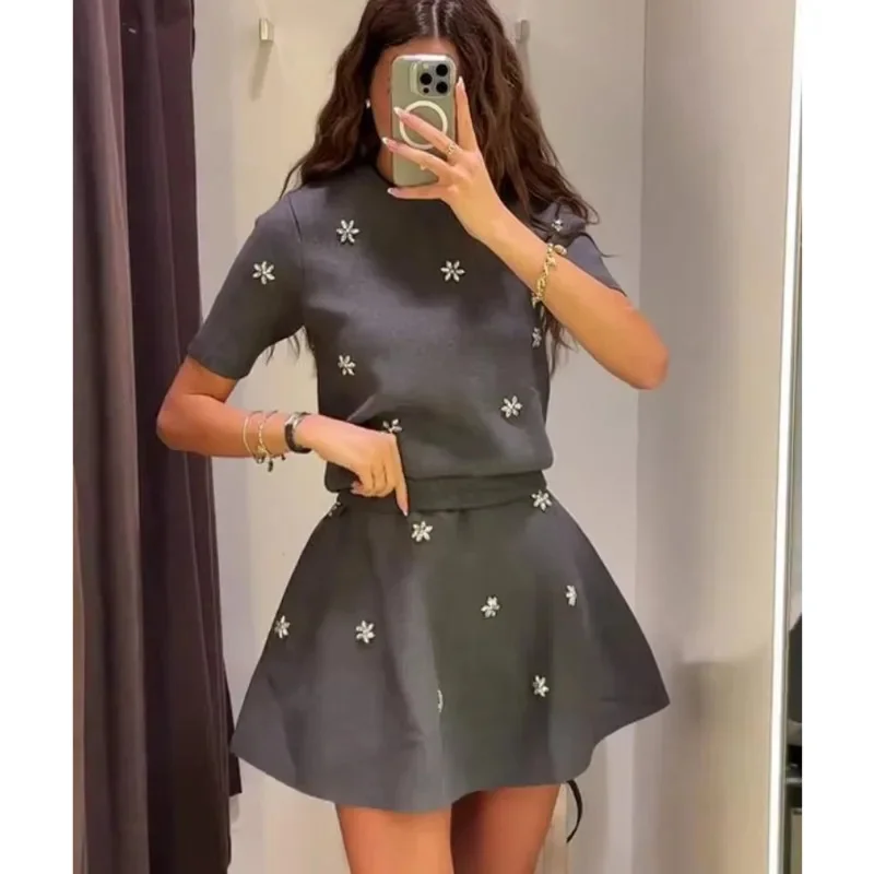 Jewelry Knitted Skirts Sets Women 2 Pieces Elegant O-neck Short Sleeve Tops Mini Skirt Suit 2024 Autumn Lady New Fashion Outfit