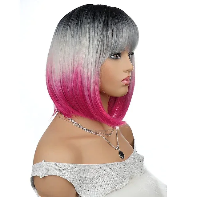 OUCEY Straight Hair Synthetic Wigs for Women Short Bob Wigs Women Ombre Pink Wig Female Middle Part Woman Wig With Bangs