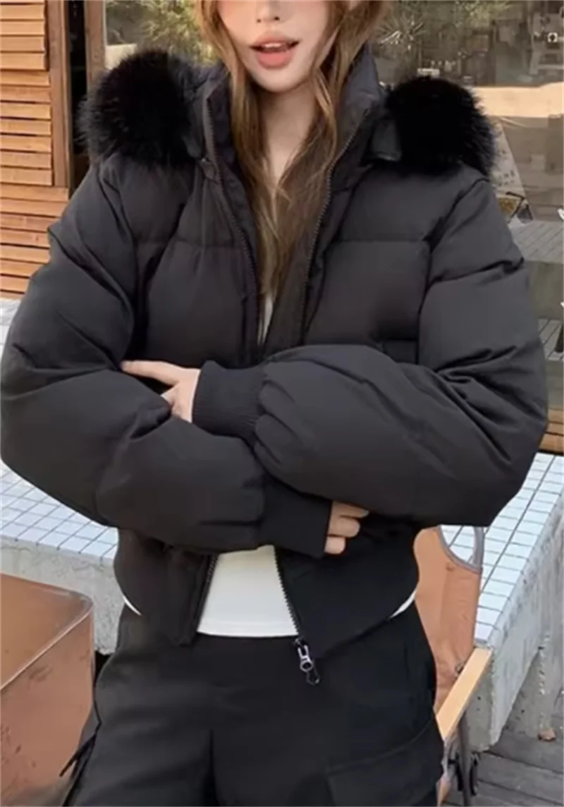 Guobioziy Women's Down Jacket 2026 Winter New Fashion Casual Long Sleeve Hooded Fur Collar Waist-Drawn Thick Short Down Jacket