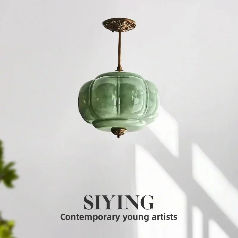 Vintage Green Pumpkin Pendant Light Antique Brass Hanging Lamp Retro Floral‑Shade Ceiling Light For Dining Room Bedroom Kitchen