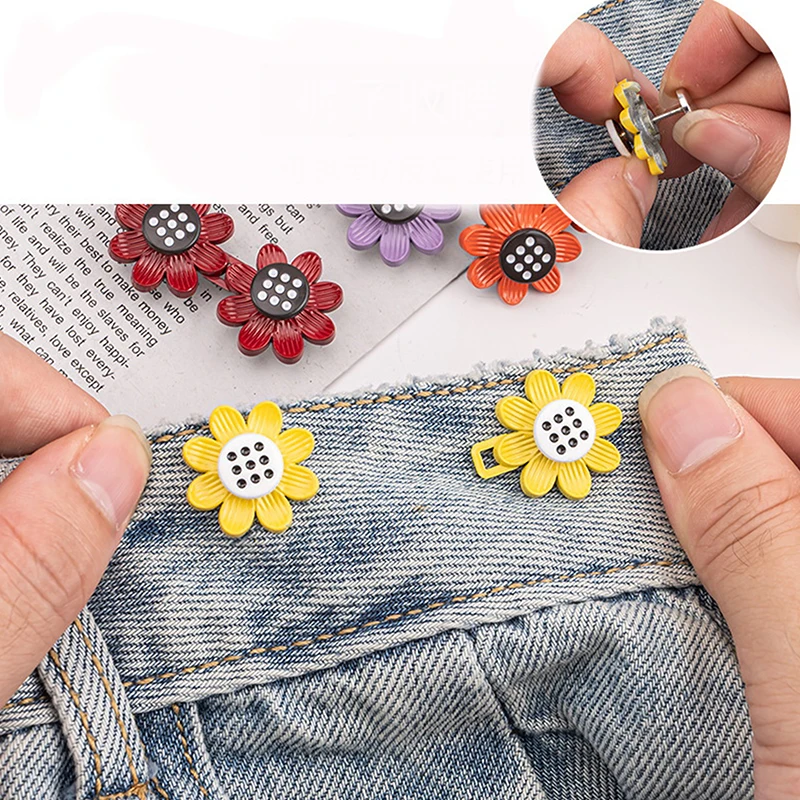 2Pcs Sunflower Button Adjuster For Pants Skirt Waist Tightener Adjustable Waist Buckle For Jeans No Sewing Required Waist Button