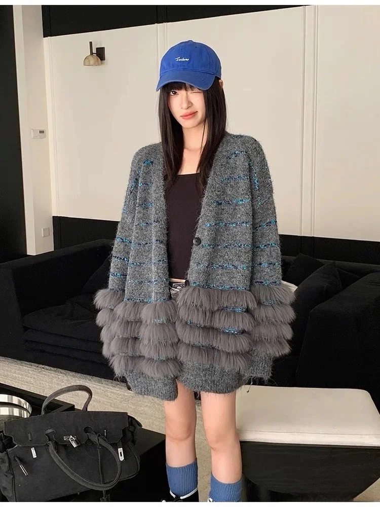 

Осенне-зимний модный полосатый кардиган с V-образным вырезом, меховой отделкой, мягкий, плотный, вязаный, женский трикотаж