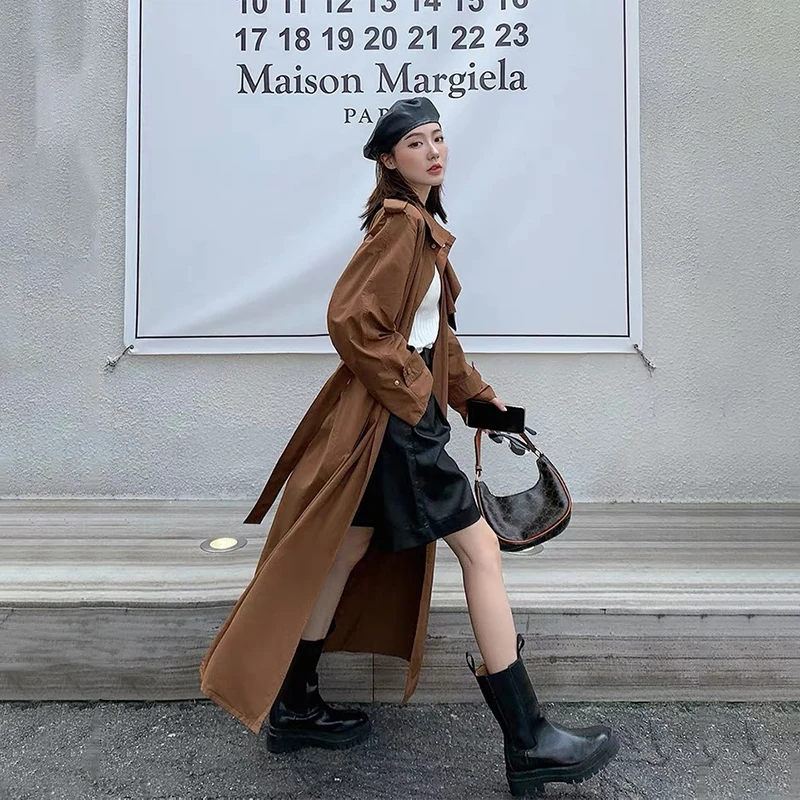 2024 Women Autumn and Winter New Mirad Clothing Classic Retro Temperament Irregular Trench Coat Brown Long Coat Women\'s Clothing