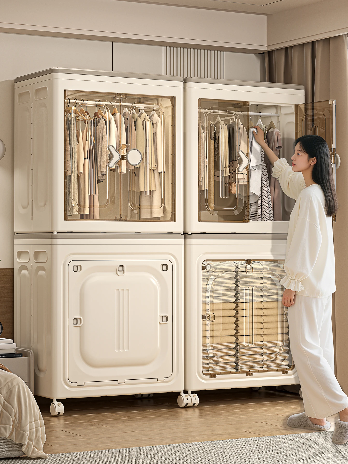 

Большой прозрачный органайзер для хранения под кроватью с двойными дверцами и колесиками, для домашнего использования, простой и стильный шкаф для хранения одежды