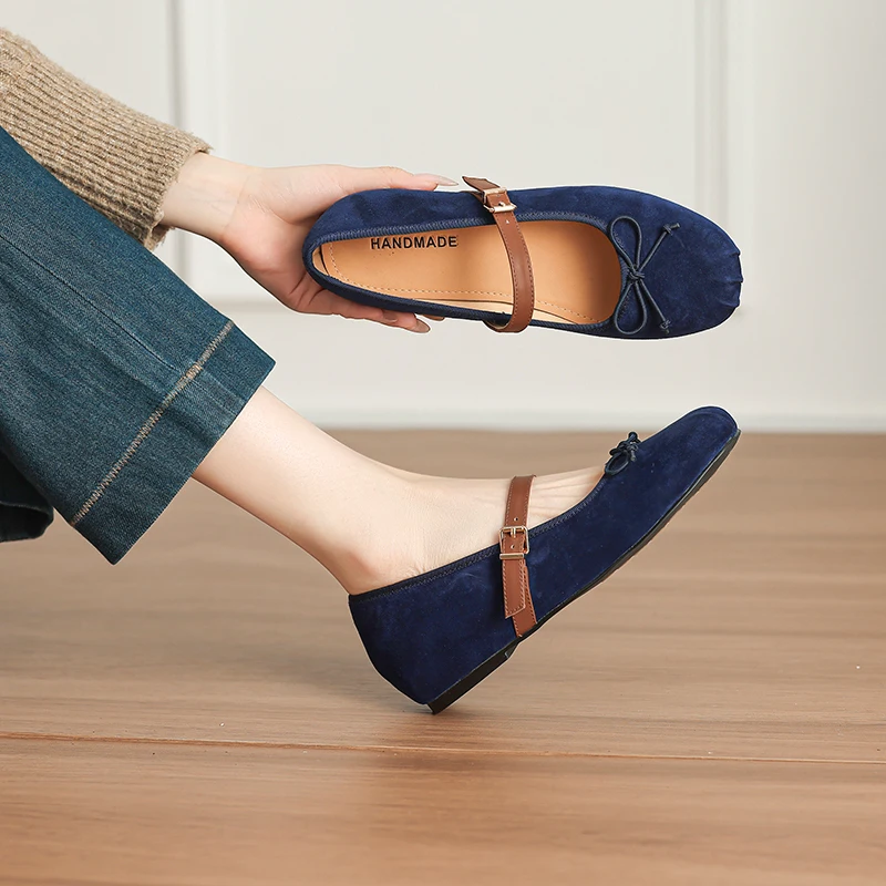 

French Ballet Mary Jane Flats, Genuine Leather with Bow, Slip-On Square Toe, Comfortable Height-Increasing Shoes for Women