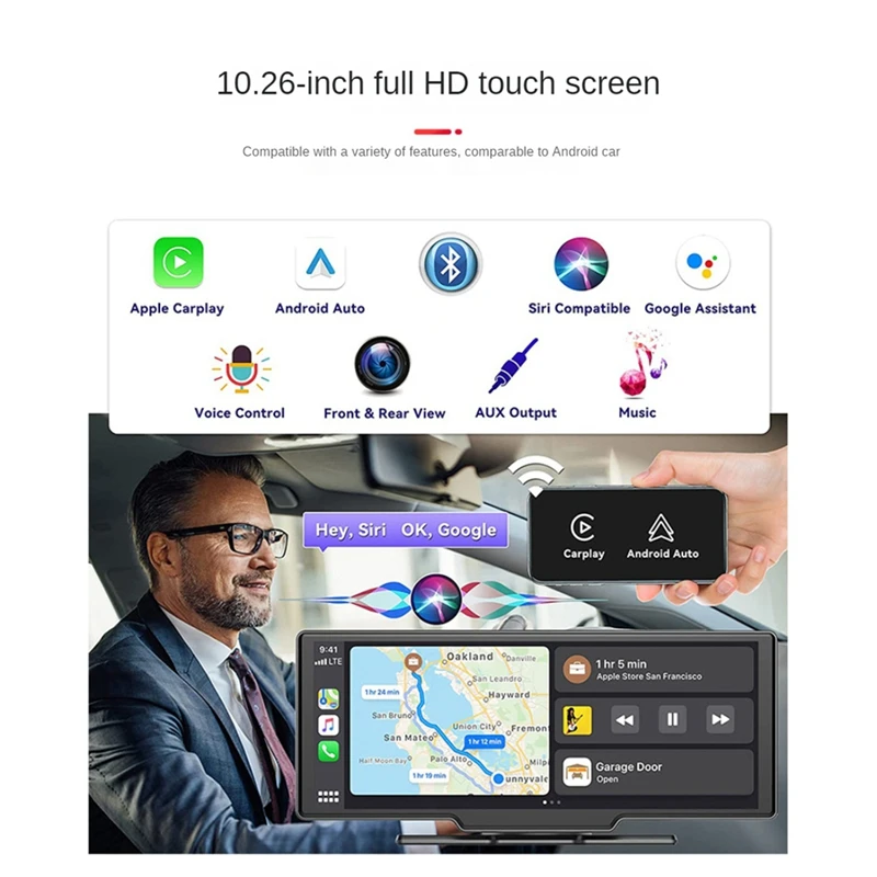 Portable Car Stereo Bluetooth Wireless Carplay Voice Assistant 10.26 Inch Touchscreen Car Radio Receiver Black PC+PVC