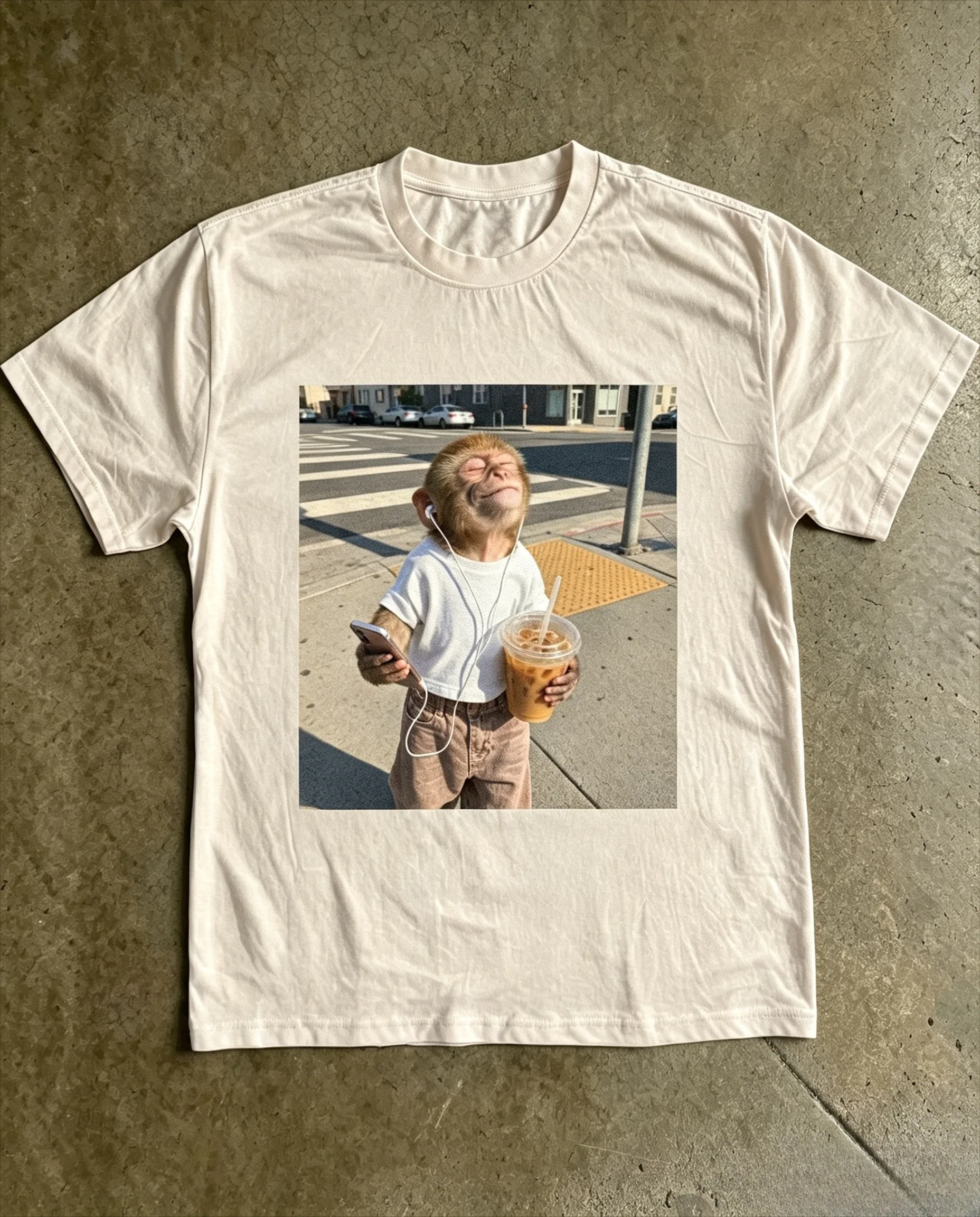 Cool Monkey With Iced Coffee And Phone Graphic T-shirt omen Funny Street Animal Print Short Sleeve Casual Streetwear Tops