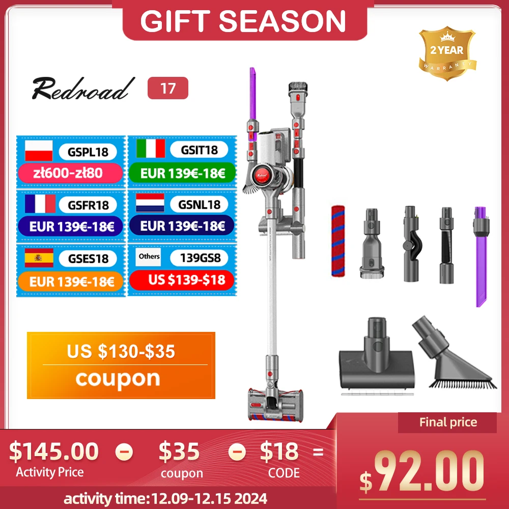 REDROAD 17 Wireless Vacuum Cleaner Handheld 26.5kPa Suction Power Lightweight Stick 60min Runtime 4 in 1 Double Brush Sweeper