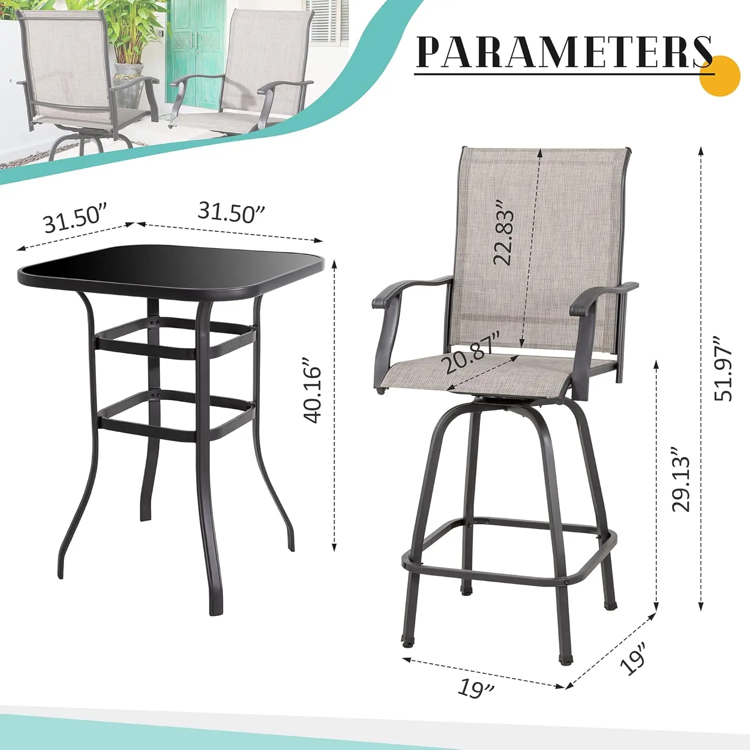 3 Piece Patio Swivel Bar Set All Weather Mental Textilene High Swivel Stools Chair Set of 2 and High Glass Bar Table Outdoor