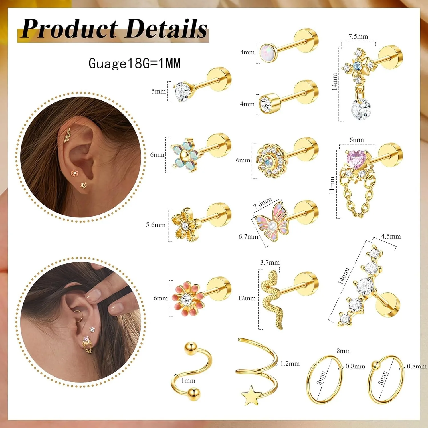 Bobisty 1PC Cartilage Earring Stud for Women Surgical Steel Flat Back Earrings Hoop Flower Snake Shape Helix Piercing Jewelry