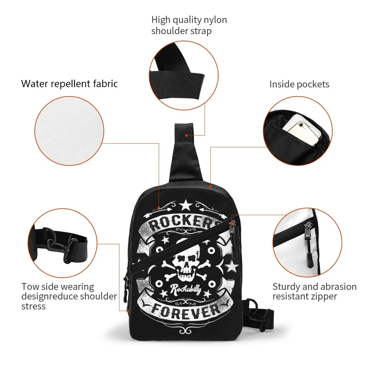 Retro Bikers Skull Vintage Motorcycle Rocker Rockabilly Sling Bags for Travel Hiking Chest Crossbody Backpack Shoulder Daypack