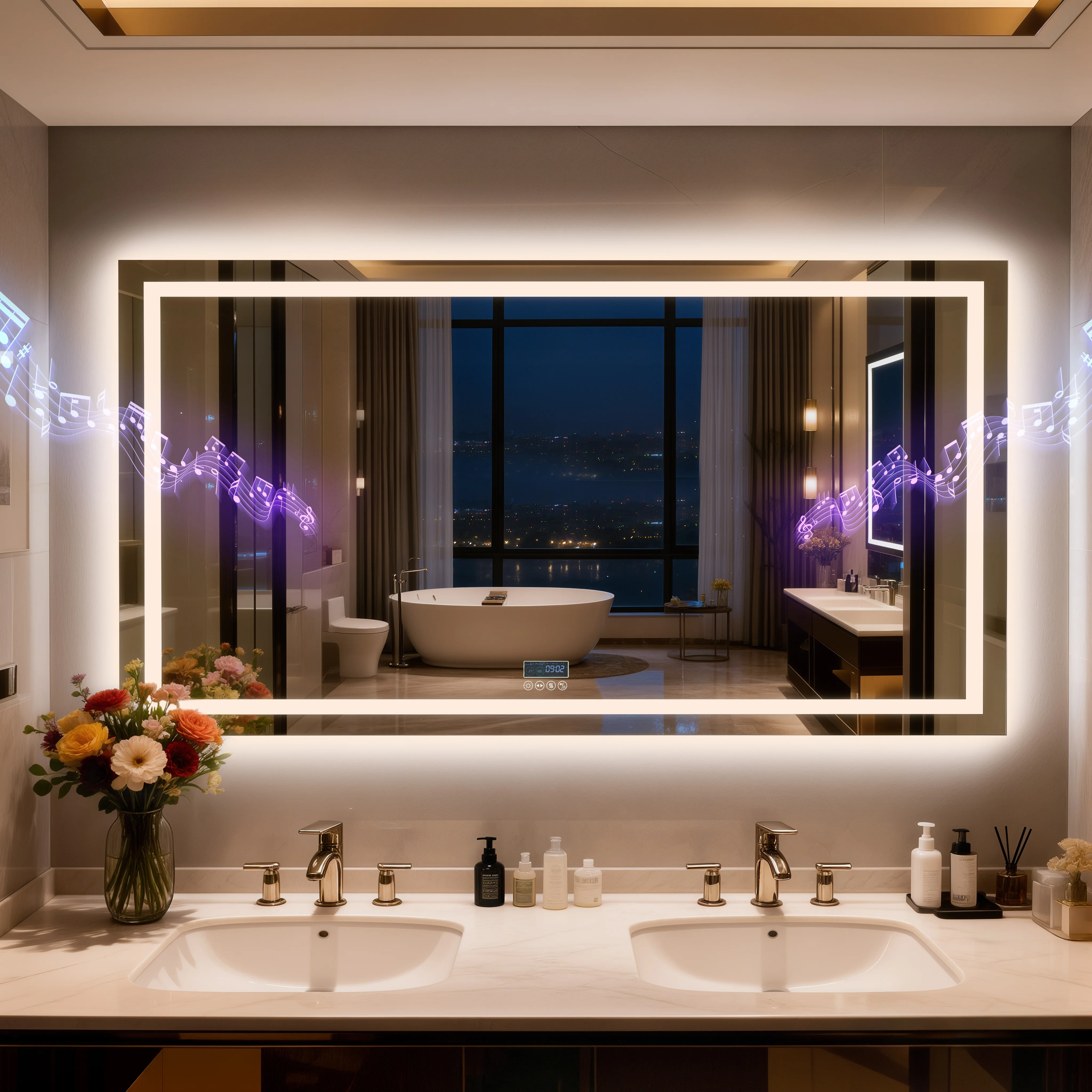 80/100/120/140cm LED Bathroom Mirror with Bluetooth Speaker Antifog Dimmable 3 Lights Time Setting Backlitligth Vanity Wall Mirr