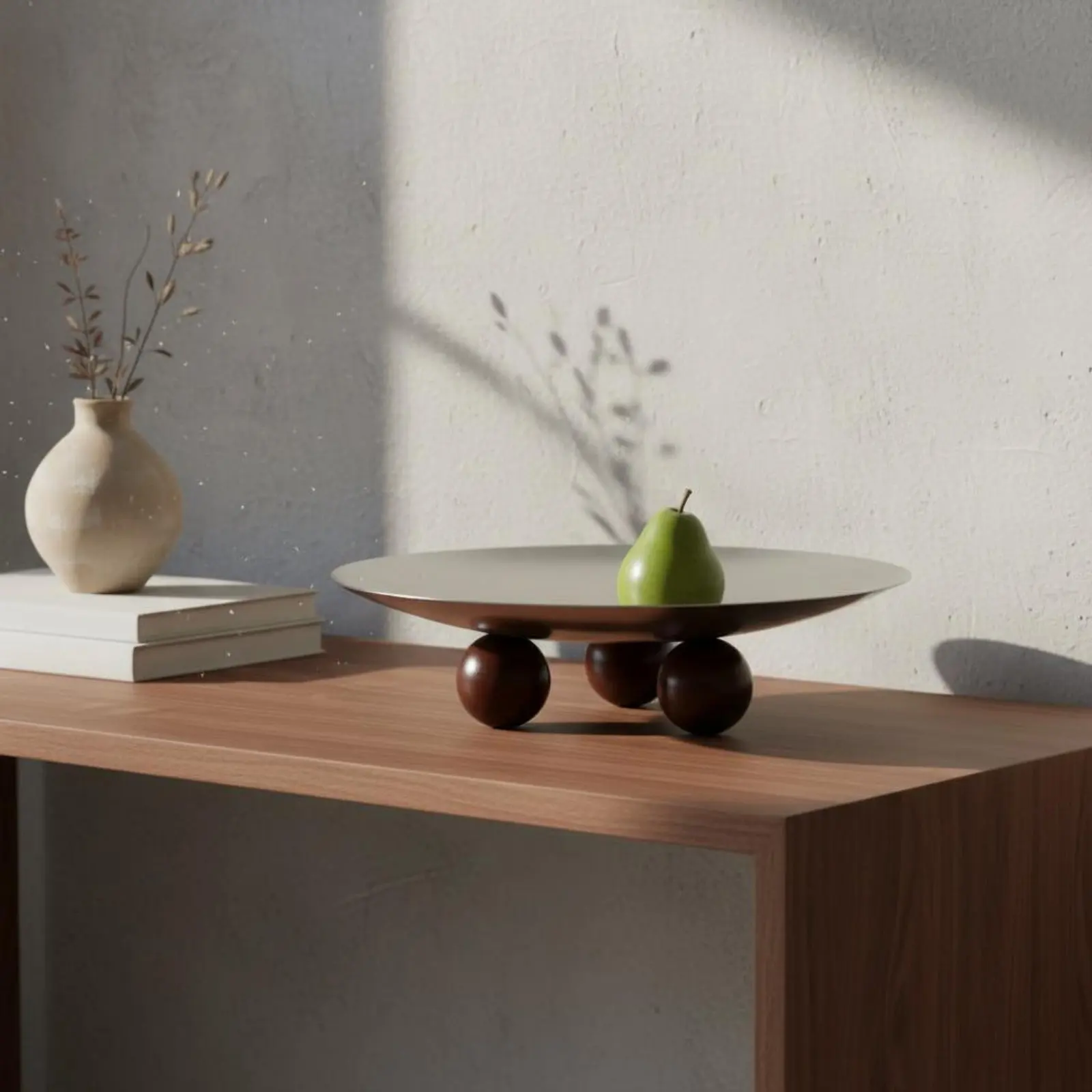 

Metal Plate with Wood Sphere Feet Modern Minimalist Design Round Decorative Tray Cake and Snack Serving Dish Nordic Art Design