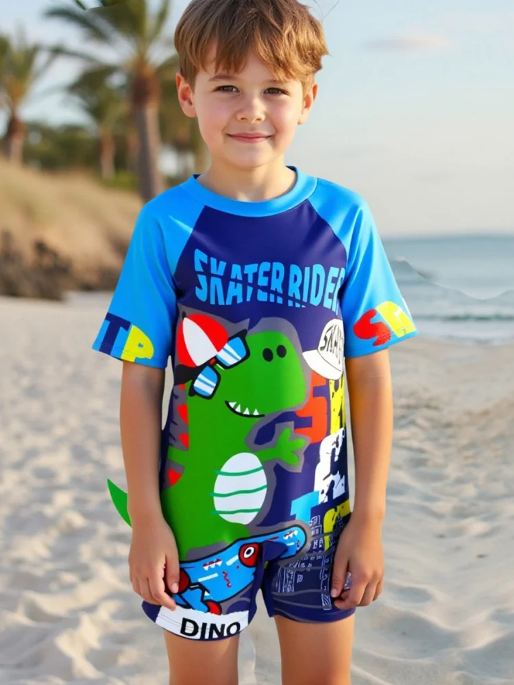 

Boy Kids Swimsuit 2025 New Cartoon Dinosaur Short Sleeve Children Swimwear Summer Zipper Conjoined Beach Bathing Suit Swimming