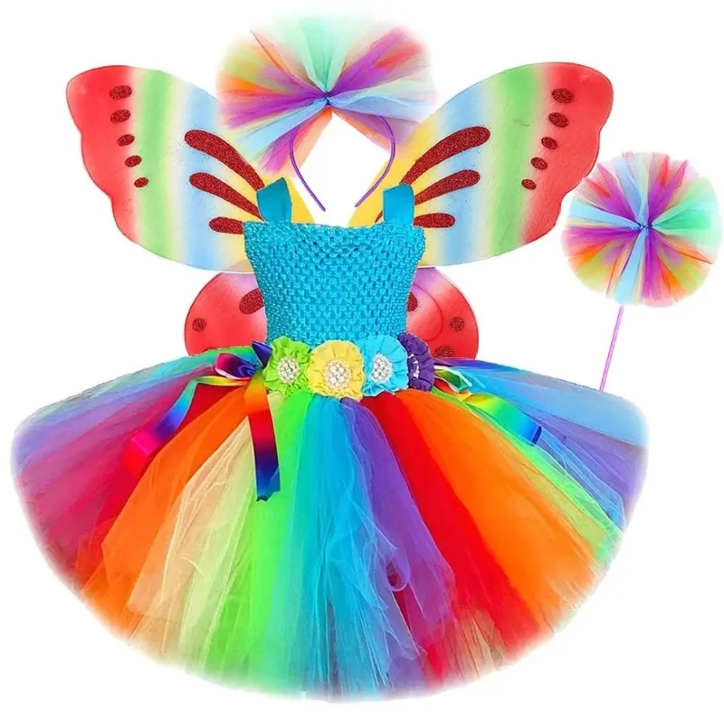 

Rainbow Unicorn Carnival Tutu Outfit Kids Fairy Costume for Girls Colorful Flowers Butterfly Elf Princess Dresses with Wings Set