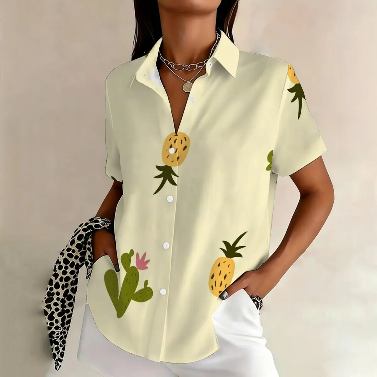 

Women's Plus Size Summer Short-sleeve Shirt with Pineapple & Cactus Pattern, Fresh & Healing, Casual & Relaxed Dating