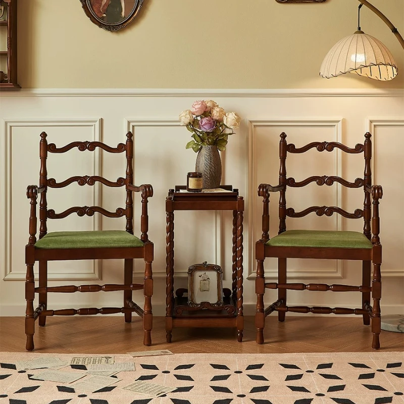 LTT French retro solid wood dining chair home balcony leisure chair armrest back tea table chair