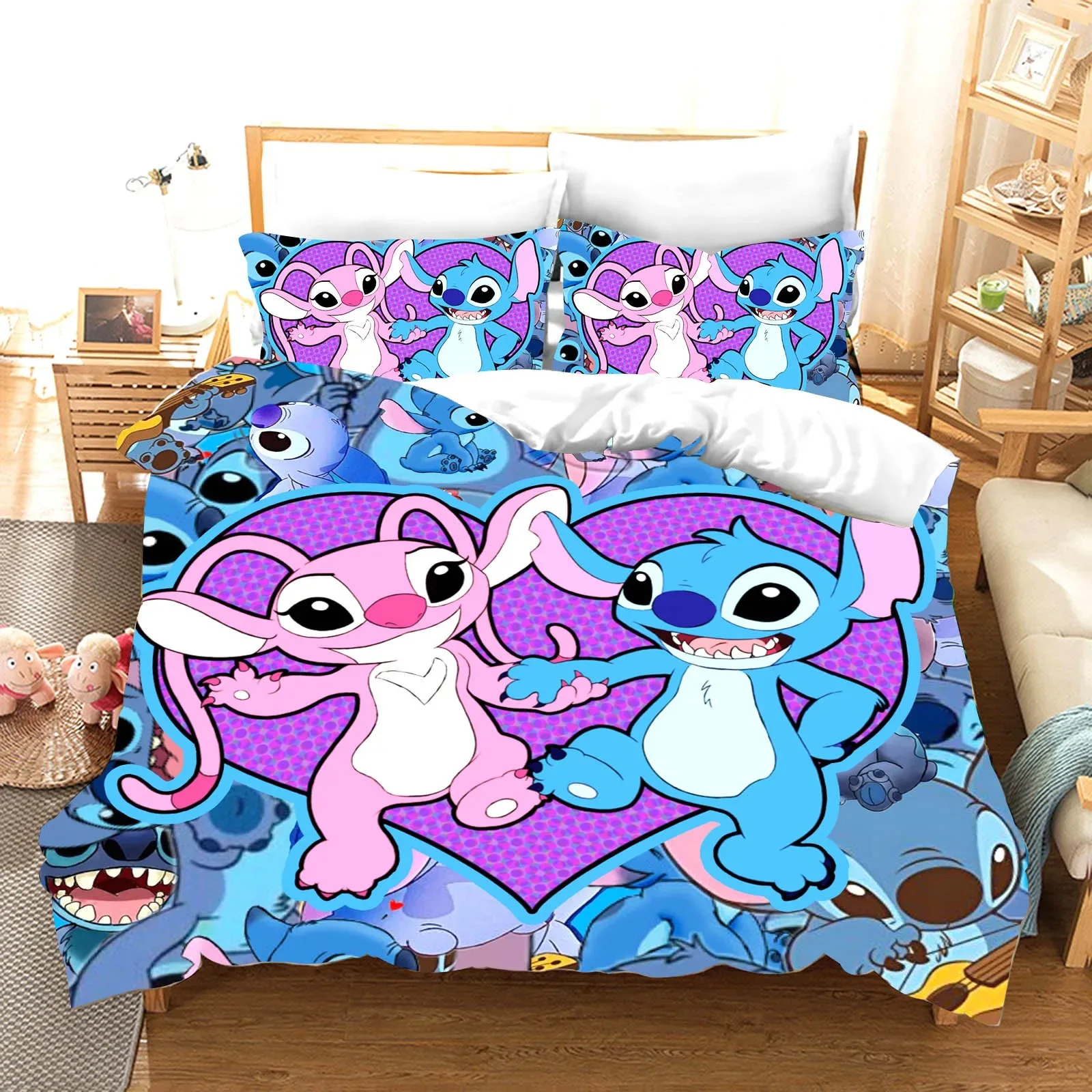 Cartoon Anime Stitch Bed Cover Set,3d printed Duvet Bed Linen Children Bedding Set 3-Piece1Bed Cover King Size