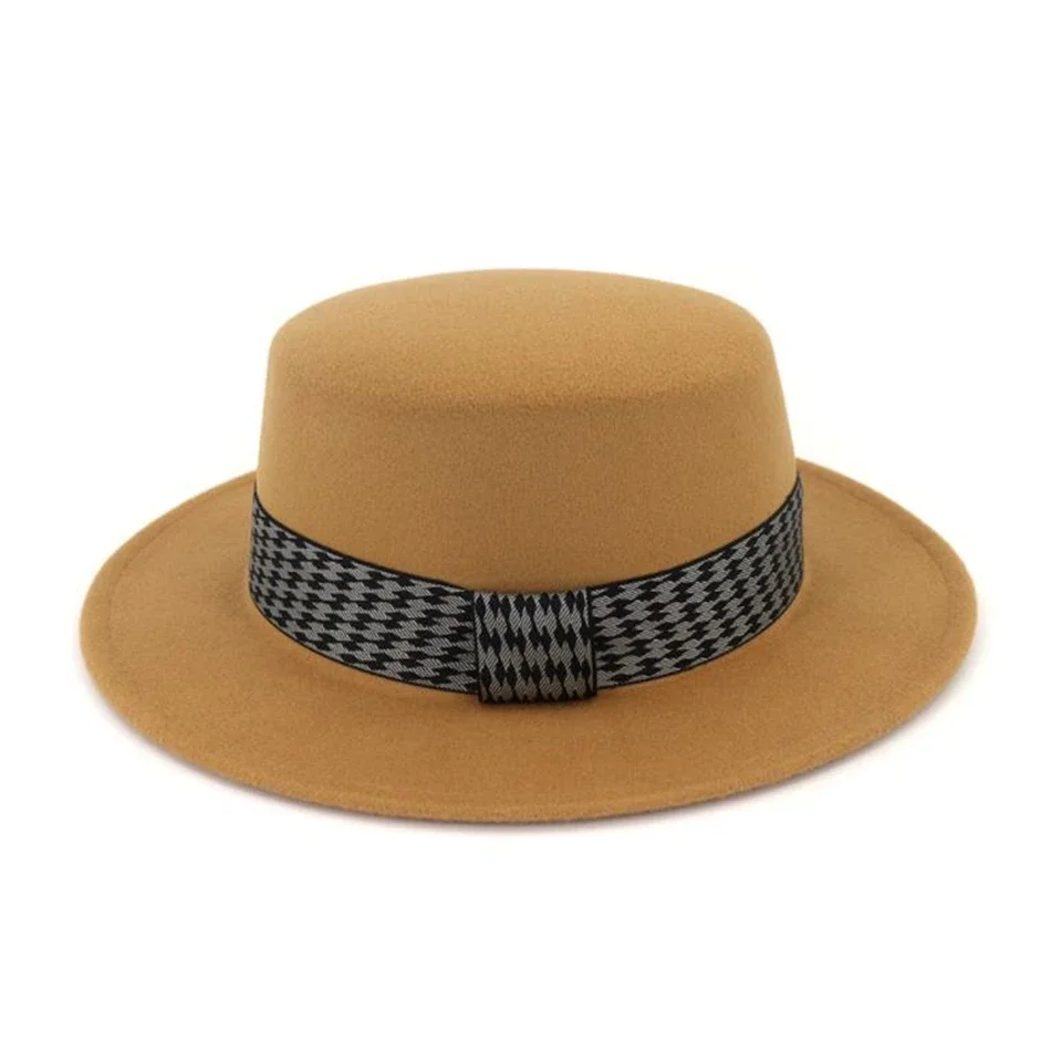 

SHOWERSMILE Camel Fedora Hat for Women Winter Mixed Wool Boater Felt Hat British Style Female Jazz Hat Houndstooth Belt Tie