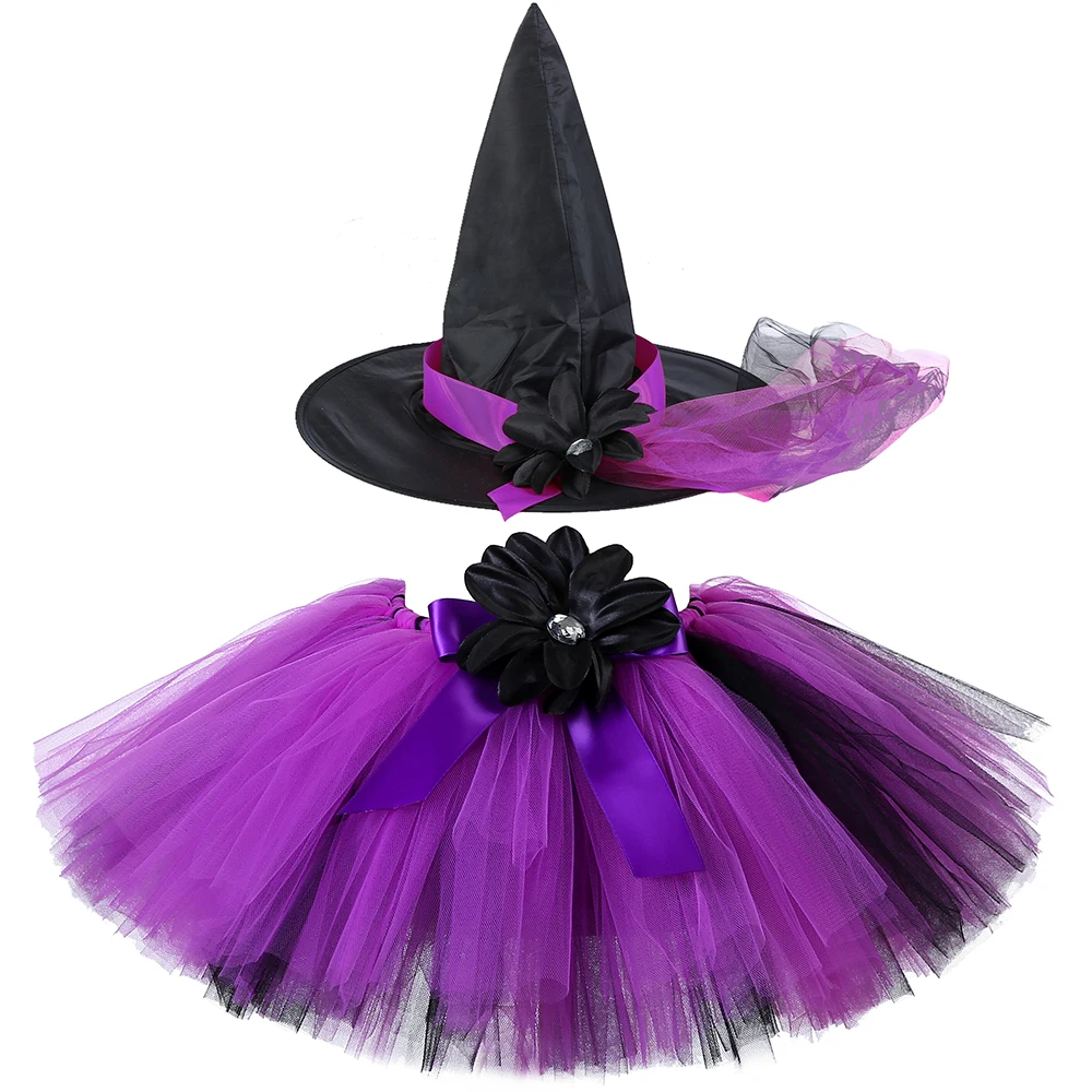 Girls Witch Tutu Skirt Black Purple Children Halloween Costume Dress Up Flowers Mini Tulle Skirt Baby Kids Tutu Outfit with Hat