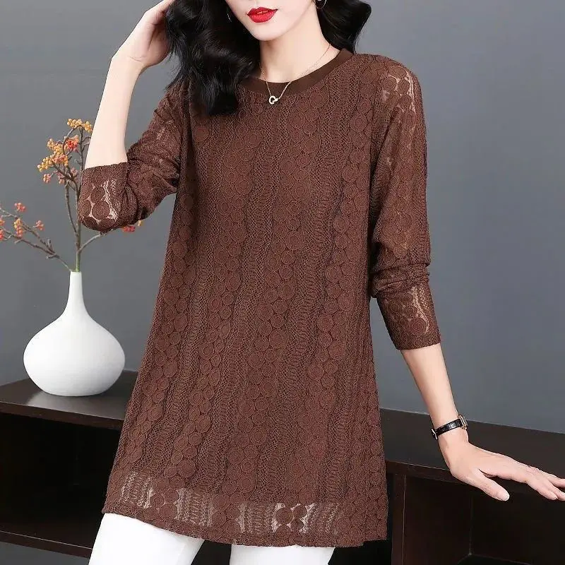 Elegant Fashion Spring Summer New Lace Solid Color Blouse Female Clothing Vintage Casual Hollow Out O-Neck Long Sleeve Shirt