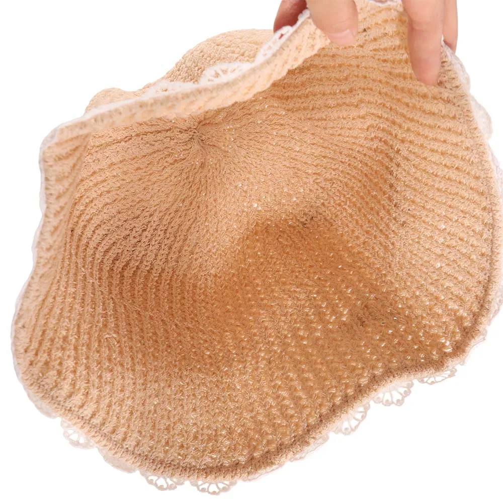 أنيقة مقوس دانتيل القش قبعة ظلة الشمس حماية واقية من الشمس صياد قبعة الكورية نمط قبعة بحافة المرأة قبعة الشمس النساء #4