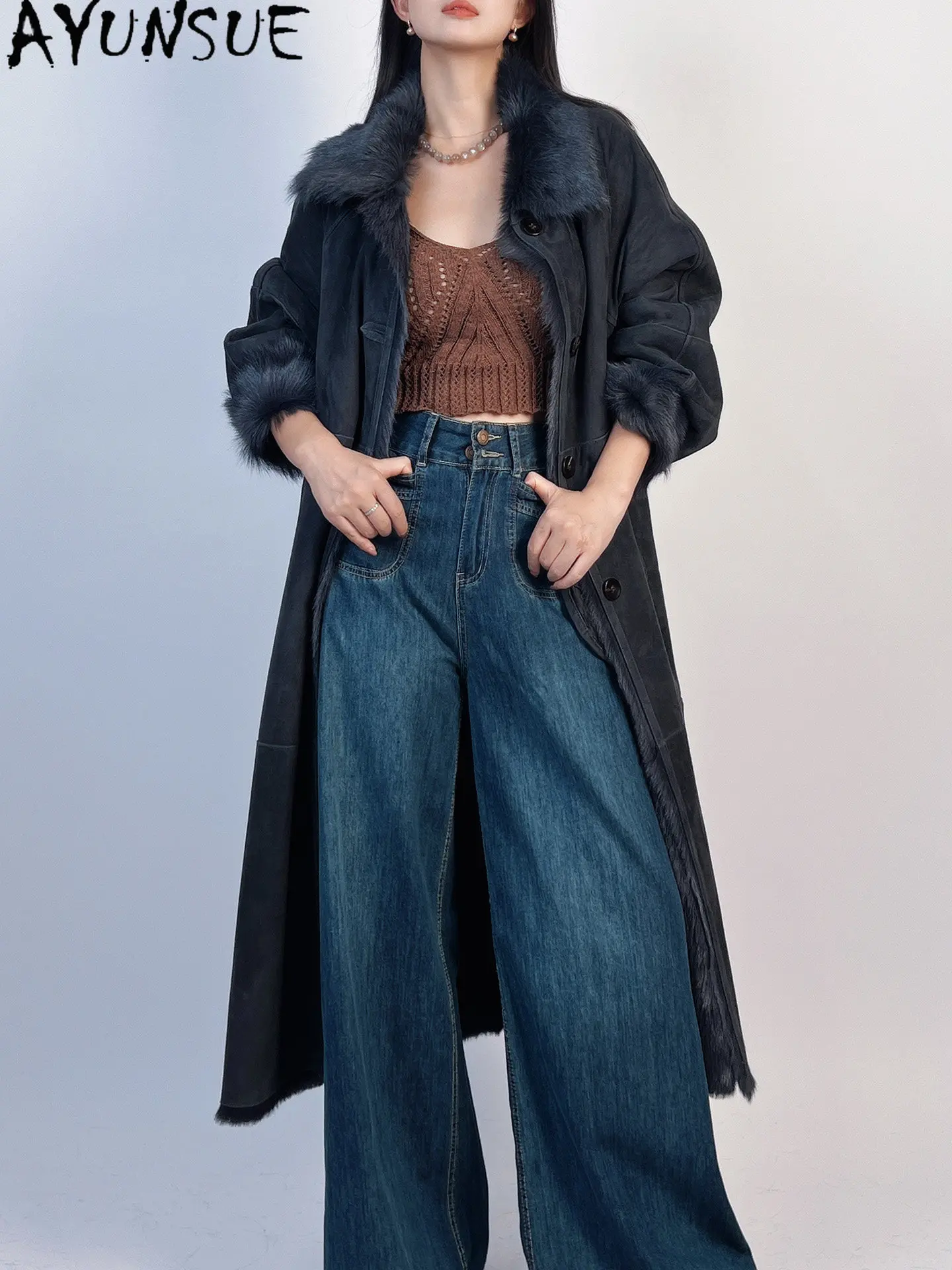 AYUNSUE Natural Fur Coat Women Goatskin Real Leather Jacket Warm Winter Clothes Long Style Fur Coats Woman Velvet Surface 2026