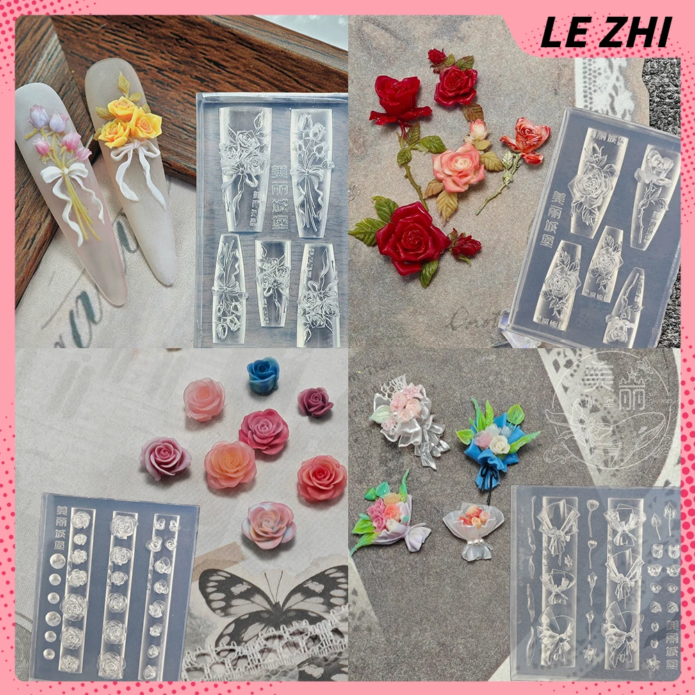 

Beautiful Flower Series Diy Silicone Nail Templates Nail Mold Rose Tulip Peony Acrylic Reusable Nail Art Mold Decorations