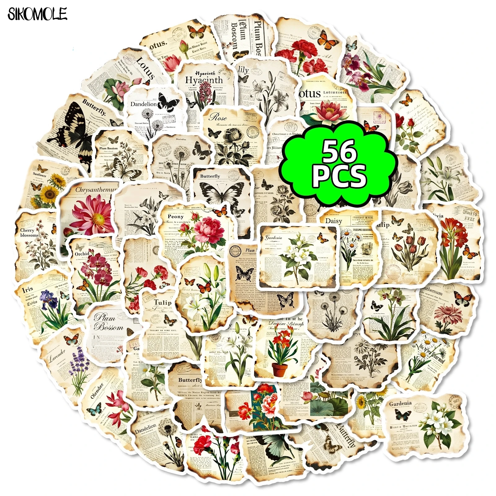 สติกเกอร์ลายวินเทจ 10/56 ชิ้น ลายดอกไม้ ลายหนังสือพิมพ์ ลายกราฟฟิตี สำหรับตกแต่งสมุดภาพ แล็ปท็อป เครื่องเขียน กระเป๋าเดินทาง ของเล่นเด็ก