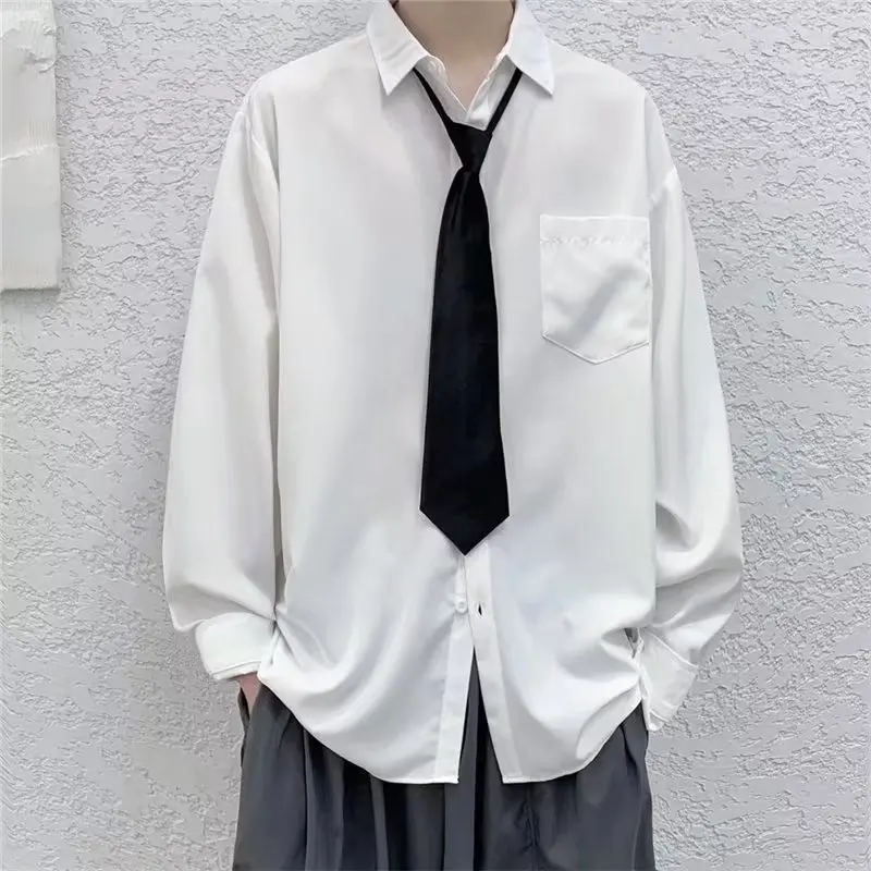 Białe koszule z krawatem Męskie oversize z długim rękawem Casual Cardigan Moda Wiosna Jesień Bluzki Unisex Codzienne topy na wszystkie mecze