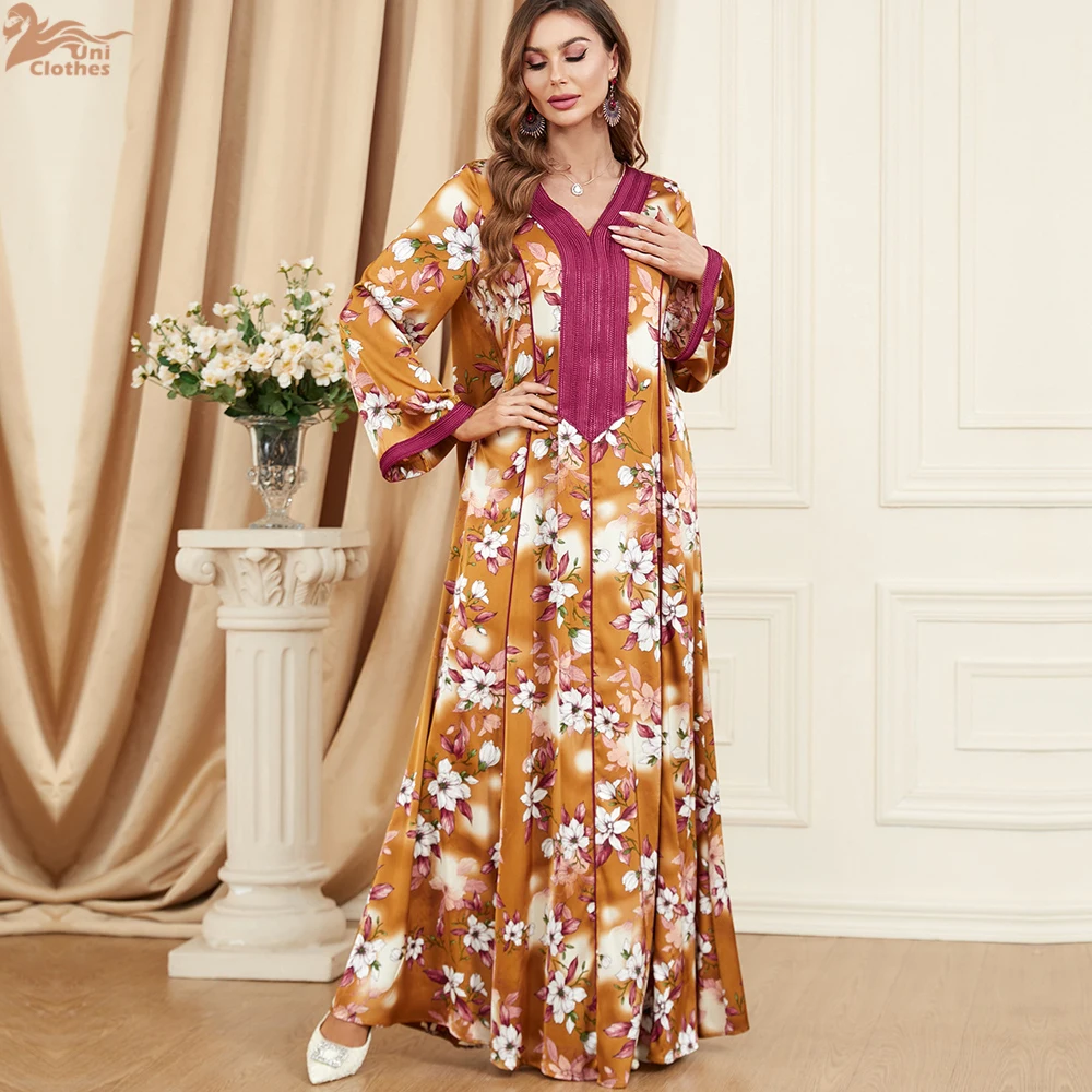 

Modest Muslim Moroccan Jalabiya Dubai Arab Ethnic Floral Long Dress Loose Casual Islamic Women Clothing Corban Eid al Adha 2024