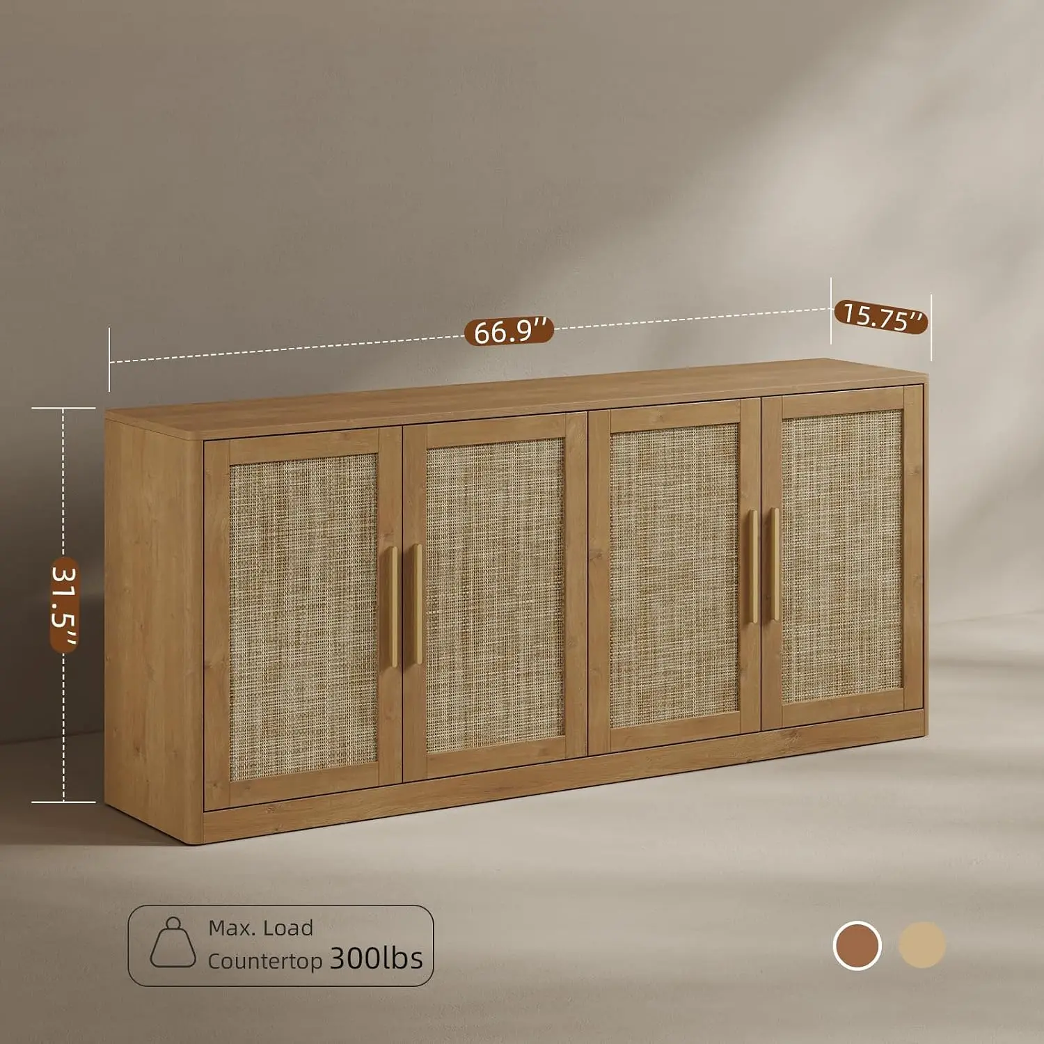 67" Rattan Sideboard Cabinet With Storage, Caramel Oak, Customized