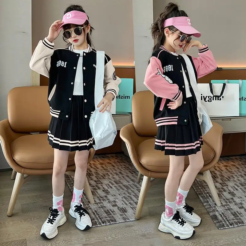 

2024 autumn winter Kids Girls School JK striped jacket Hoodies + dress Skirts Suits Children set Clothes teen 8 9 12 7 year