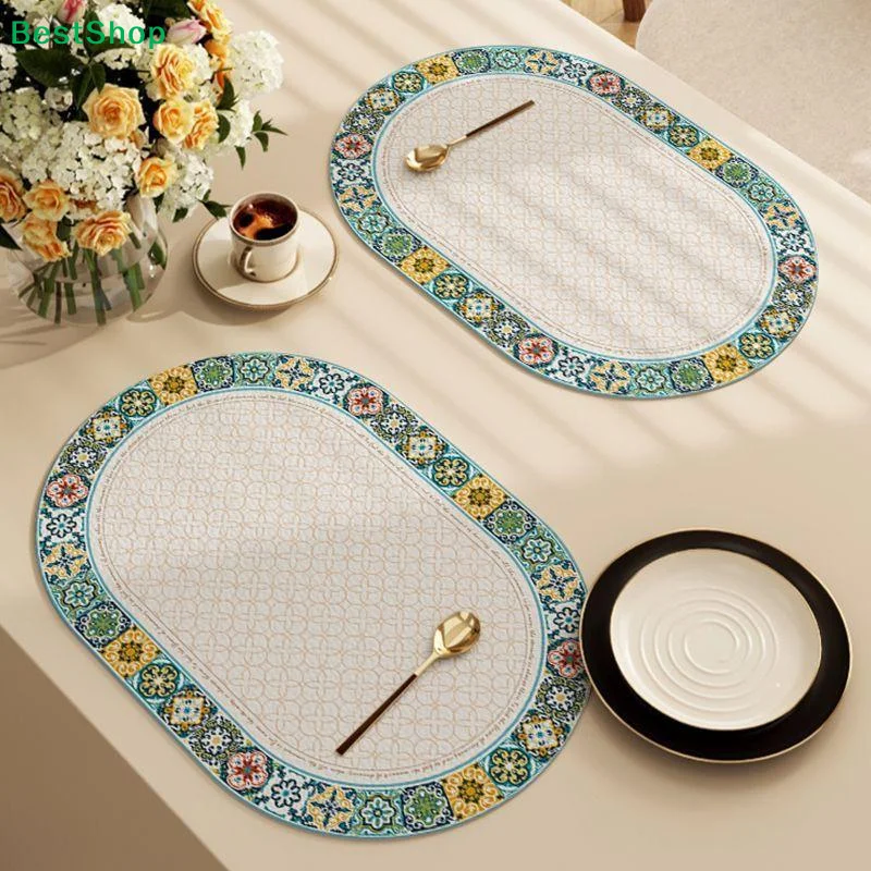 ☏Bohemian Floral Oval Placemats,Waterproof Vinyl Table Mats with Moroccan Tile Border