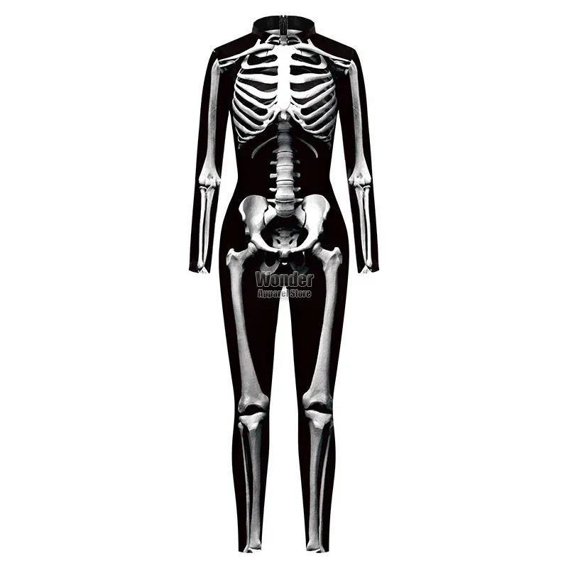 ชุดจั๊มสูทพิมพ์ลายหัวกะโหลกสำหรับผู้หญิงผู้ชายชุดคอสเพลย์ฮาโลวีนสำหรับผู้ใหญ่ชุดเดรสสำหรับเล่นบทบาทในงานปาร์ตี้