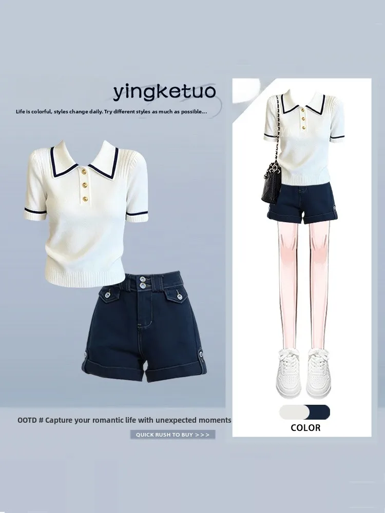 Summer Short Sleeve Knitted Top And Denim Shorts Color Block Collar Women's Fashion Set High Waist Short Pants Loose Fit T-Shirt
