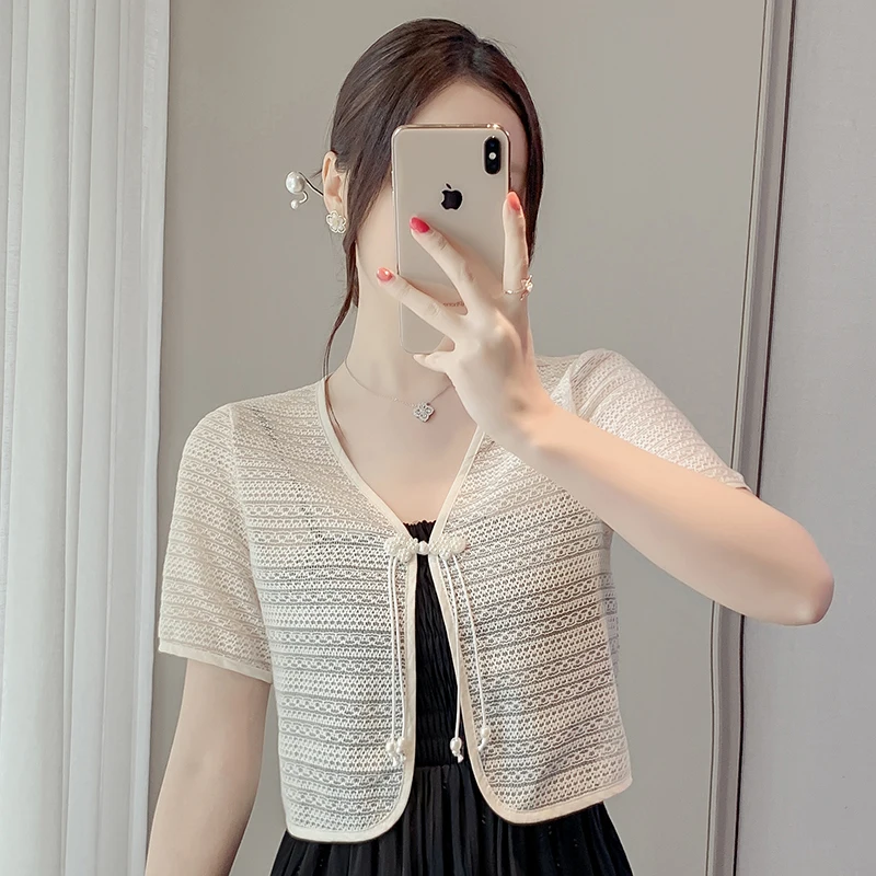 New Chinese Style Short Sleeve Lace Shirt Women's Summer Top Buttoned Shawl with Strap Vest Outer Sun Protection Cotton Blend