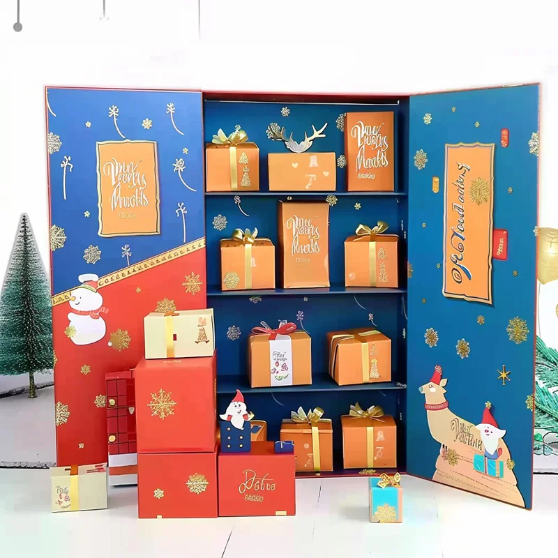 Customization.Custom Empty 24 Days Christmas Advent Calendar Rigid Cardboard Jewelry Gift Box UV Matt Lamination Food Storage Em