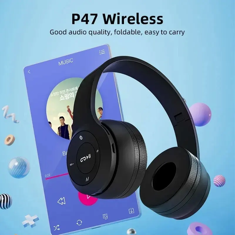 Stereo P47 Headset 5.0 Bluetooth Headset Folding Series Wireless Sports Game Headset for HuaWei XiaoMi