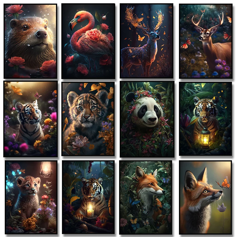 Flower Jungle Animal Lion Little Tiger Butterfly Panda Fox Flamingo Forest Wall Art Poster Canvas Painting for Room Home Decor