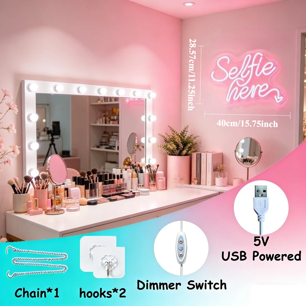 Selfie Here Neon Sign LED Dimmable USB Wall Light for Photo Wall Makeup Room Live Streaming Selfie Studio Cafe Party Wall Decor