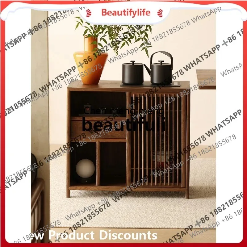 Black walnut mobile tea cabinet, living room sofa storage storage side cabinet solid wood