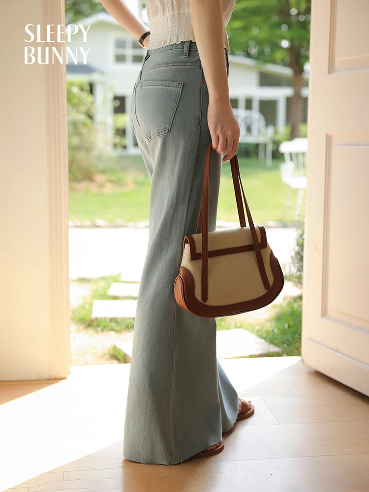 Light Wash High Waist Flared Jeans Women Summer Vintage Frayed Hem Loose Fit Slimming Denim Pants Casual Retro Style Trousers