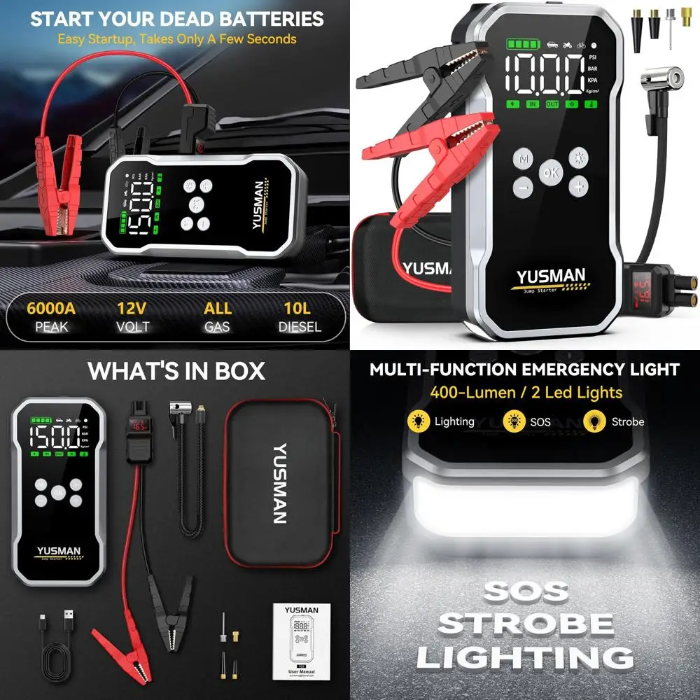 

Стартер для прыжков, автомобильный стартер 6000 А с воздушным компрессором, стартовый блок для прыжков 150 фунтов на квадратный дюйм (10.0 газ/7,0 л дизель), звездочка для прыжков на аккумуляторе 12 В