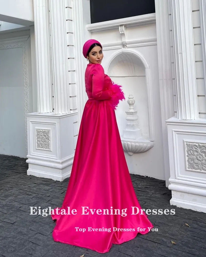 Eightale Arabic Evening Dress for Women O-Neck Beaded Long Sleeves Satin Feather Mermaid Prom Party Gowns robe de soirée femme