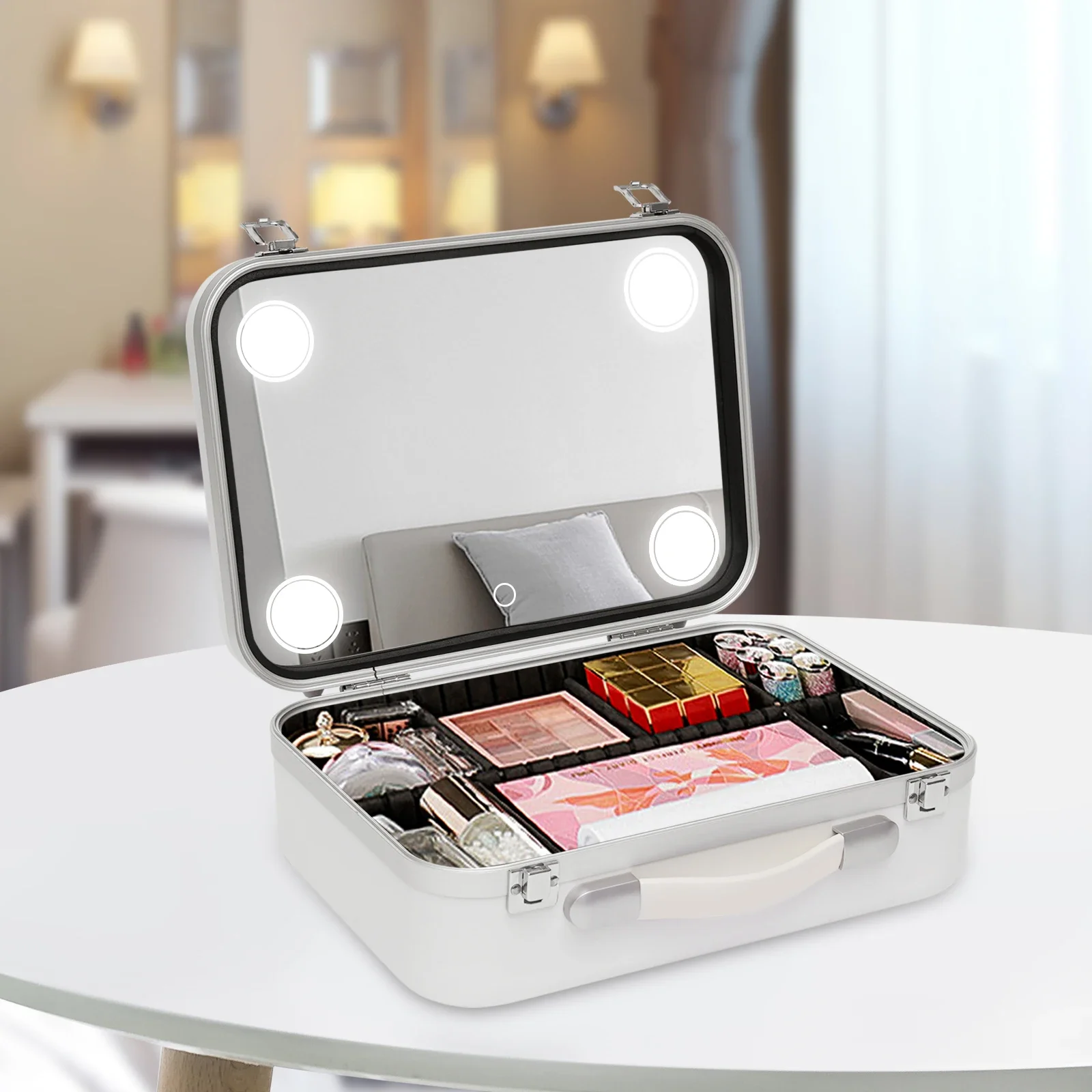 Cosmetic Organizer Box With LED Lights And Mirror Makeup Case With Customized Dividers Touch Switch Control Make up Organizer