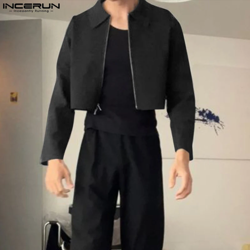 INCERUN Fashion Casual Style Coat New Men's Solid Cropped Zipper Jackets Handsome Male All-match Long Sleeved Jackets S-5XL