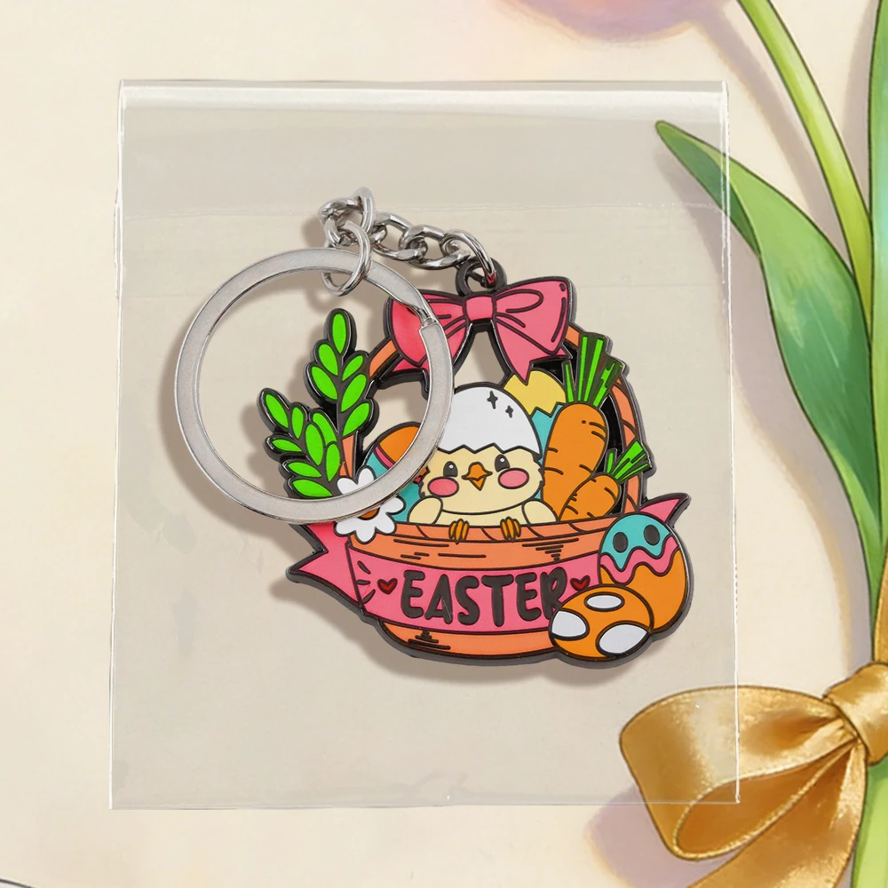 Niedlicher Osterniedelhähnchen-Emaille-Schlüsselanhänger, Cartoon-Korb mit Eiern und Karotten, Frühlingsfeiertags-Schlüsselring für Taschen und Geschenke – Detail 9