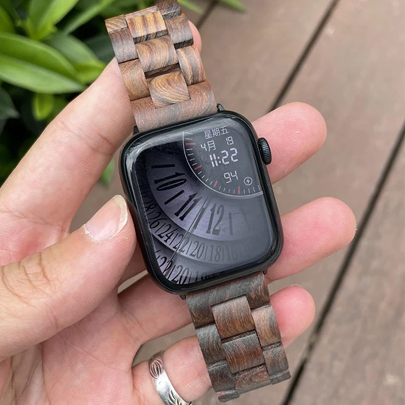 Correa For Apple Watch Series 9 8 SE 7 6 5 4 3 Butterfly Buckle Retro Wooden Bracelet for iWatch 42mm 38 45 41 44 49 40mm Band