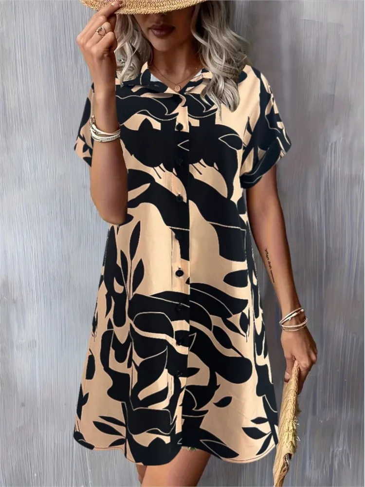 Robe d'été à manches courtes pour femmes, nouvelle mode, tempérament, revers, taille ample, chemise imprimée, boutons, robes décontractées